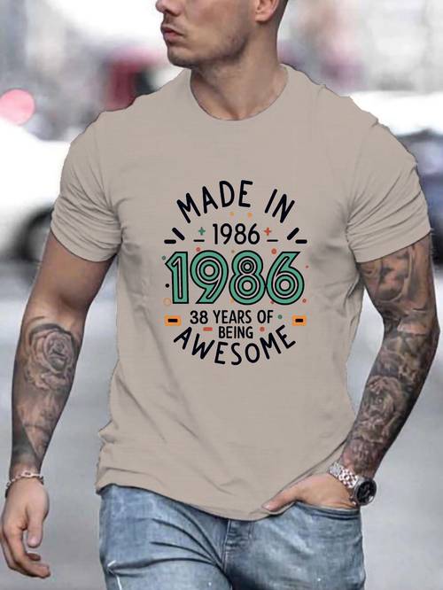 Made In 1986 Print Tee Shirt, Tees For Men, Casual Short Sleeve T-shirt For Summer