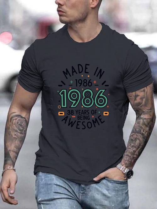 Made In 1986 Print Tee Shirt, Tees For Men, Casual Short Sleeve T-shirt For Summer