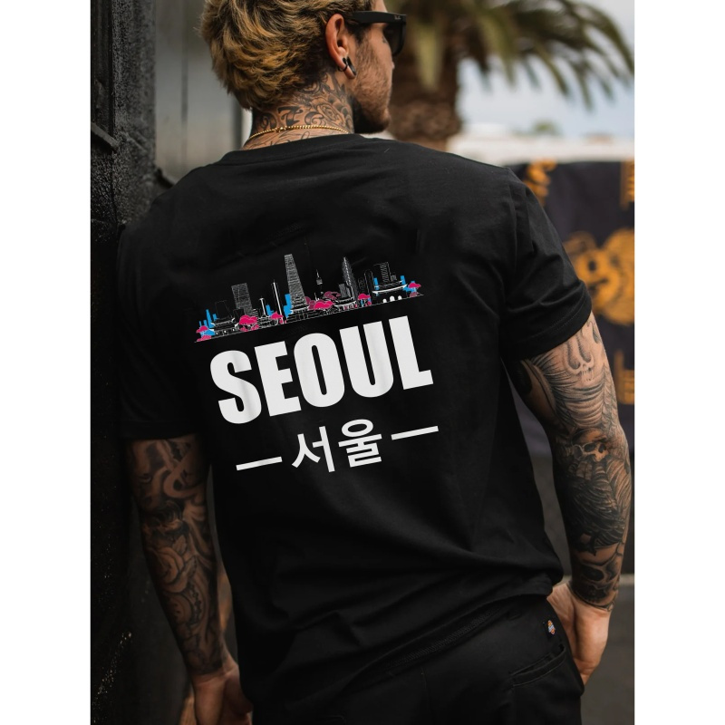 

Men's Casual Short Sleeve, Stylish T-shirt With "seoul" City Creative Print, Summer Fashion Top, Crew Neck Tee-shirt For Male