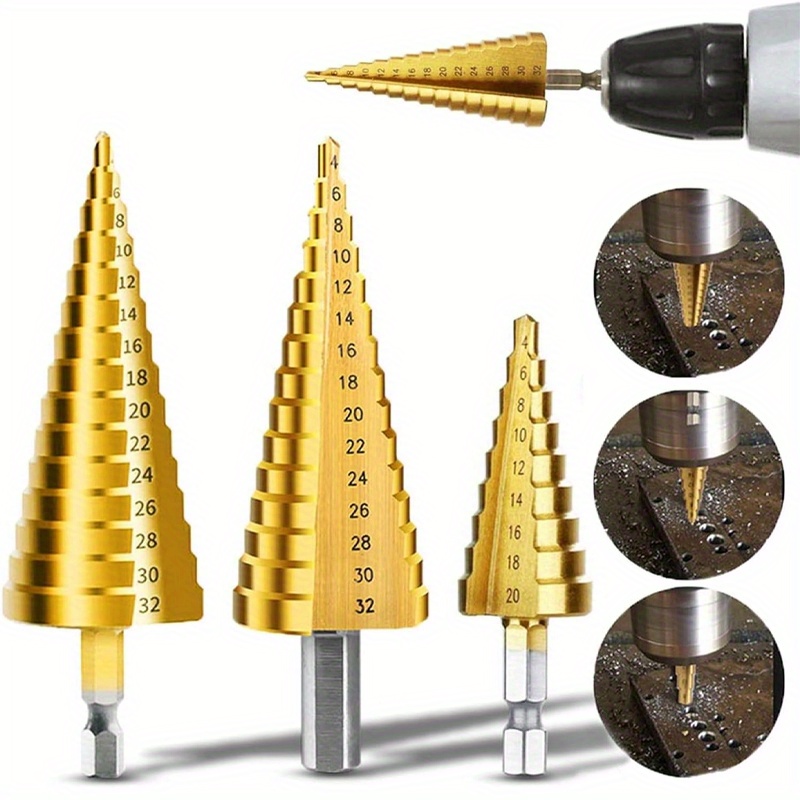 

Hss Titanium Coated Step Drill Bit Set, 3-12/4-12/4-20/4-32mm, Hex Shank Tower Drill For Wood And Metal, Cutter Core Tool, Steel Major Material - Pack Of 3