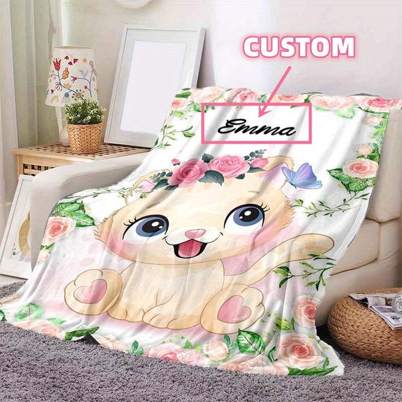 

1pc Name Custom Blanket Cute Cartoon Cat Holiday Birthday Gift Soft Nap Blanket