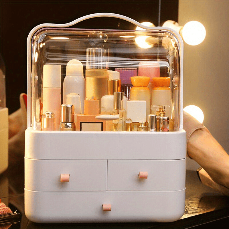 

1pc Large Capacity Cosmetic Organizer, Double-opening Plastic Makeup Storage Box With Drawers, Display Cabinet For Bathroom Counter, Vanity, Bedroom