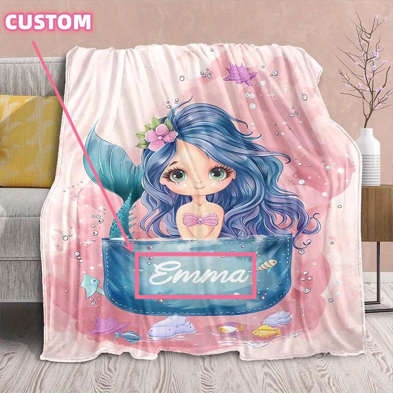 

1pc Name Custom Blanket Cute Cartoon Mermaid Pattern Throw Blanket Holiday Birthday Gift Soft Nap Blanket