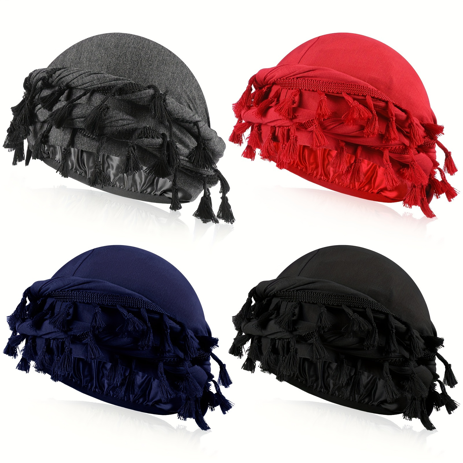 

4pcs Retro Twist Head Wraps, Satin Lined Turban With Tassels, For Cycling Sports For Women Men
