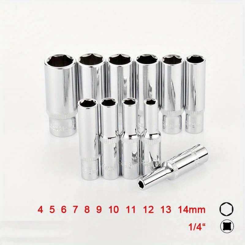 

11pcs 1/4 Inch Drive Deep Socket Set, Chrome Vanadium Steel Hex Socket Wrench Set With Adapter For Auto Car Repair Torque Ratchet Tool