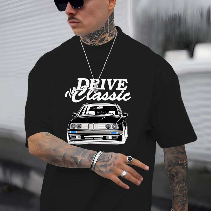 

The Classic Drive" Creative Print Casual Short-sleeved T-shirt For Men, Spring And Summer Trendy Top, Comfortable Round Neck Tee, Regular Fit, Versatile Fashion For Everyday Wear