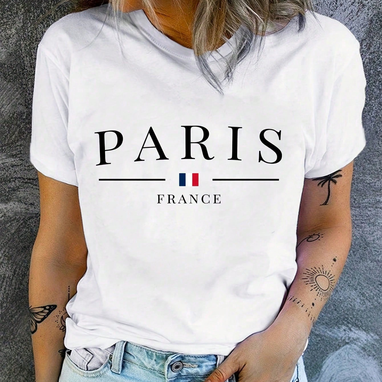 

Paris Print Crew Neck T-shirt, Short Sleeve Casual Top For Spring & Summer, Women's Clothing