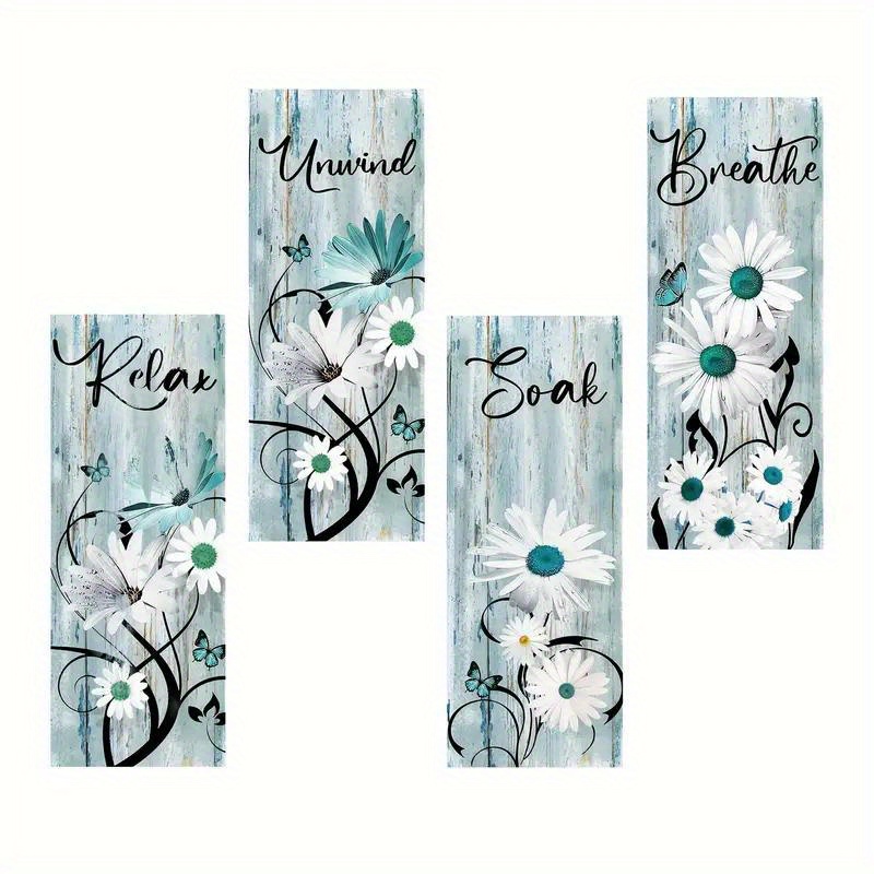 

4 Pieces Blue Daisy Wooden Wall Decor With Double Sided Tape - Good Luck Wall Art Room Accessories, No Battery Needed, Electricity-free For Holidays & Other Occasions 10x4