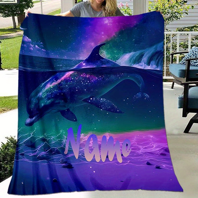 

1pc Blanket, Personalized Custom Your Name Blanket, Colored Dolphin Pattern Text Nap Blanket, 4 Seasons Outdoor Travel Leisure Blanket, For Birthday Gift