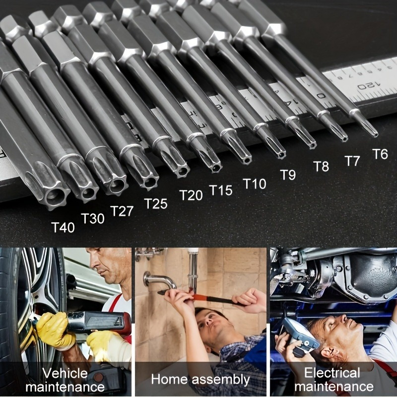 

11pcs Precision Star Torx Bit Set, S2 Alloy Steel, 75mm Length, T6-t40 Sizes, Mechanic & Home Diy Tool Kit With Hex Socket For Vehicle And Electrical Maintenance