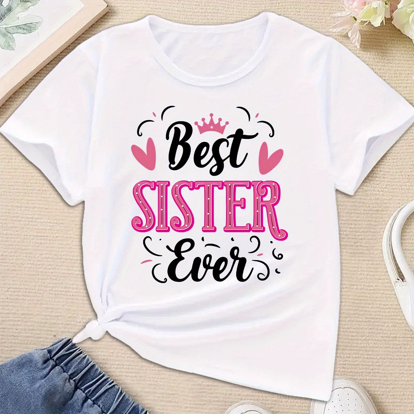 

Best Sister Even Creative Letter & Pattern Print Design Girls Casual Comfortable Crew Neck Short-sleeved T-shirt For Summer, Fashion And All-match