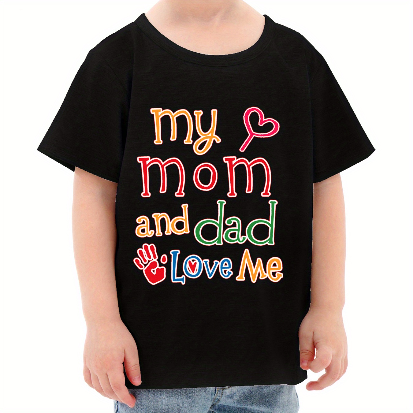 

My Mom And Dad Love Me Pattern Casual T-shirt For Boys, Short Sleeve Soft Comfy Tee, Summer Outdoor Clothing