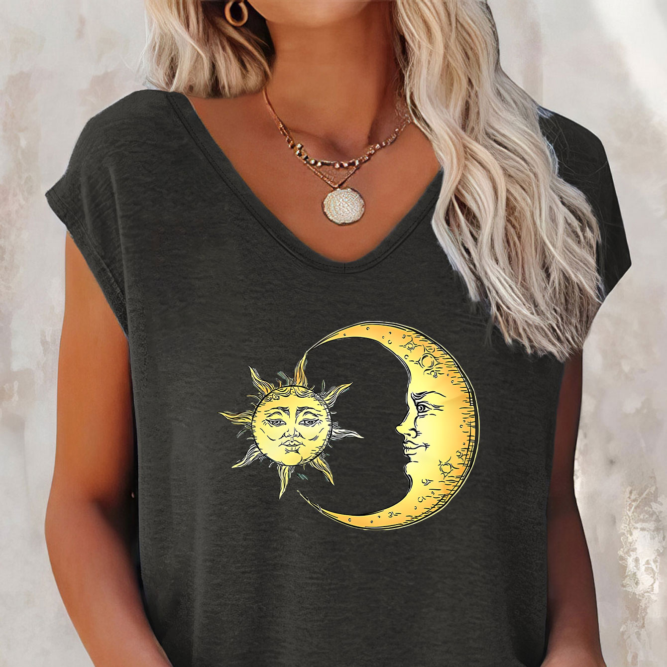 

Moon & Sun Print Lounge Top, Casual Cap Sleeve V Neck Stretchy Top, Women's Loungewear