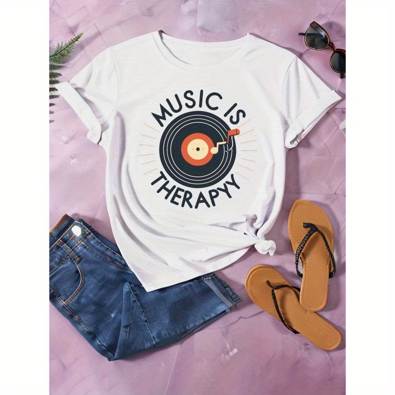 

Music Is Therapy Print Casual T-shirt, Crew Neck Short Sleeve Top For Spring & Summer, Women's Clothing