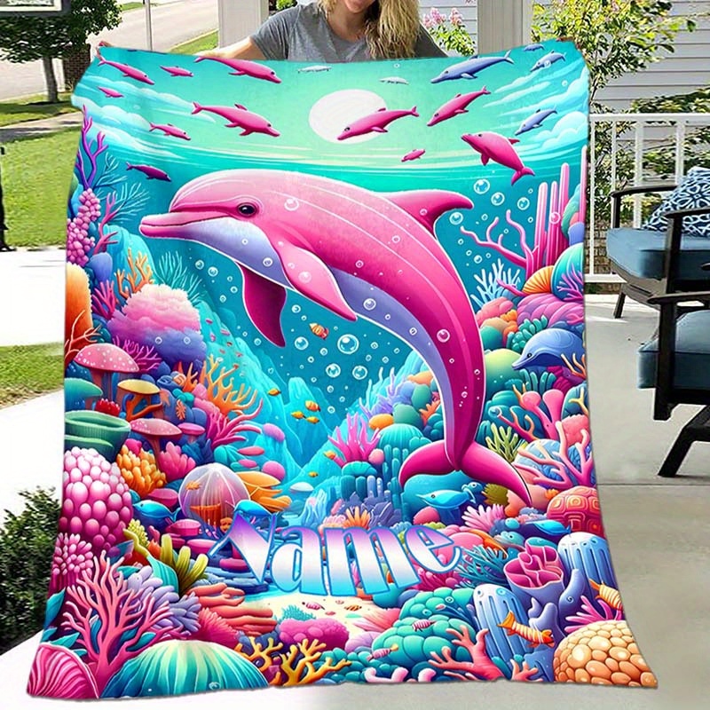 

Personalized Dolphin Ocean Theme Blanket, Custom Name Polyester Fiber, Chunky Knit Travel Throw, Machine Washable, Ideal For Outdoor And Birthday Gift, Dolphin Decor