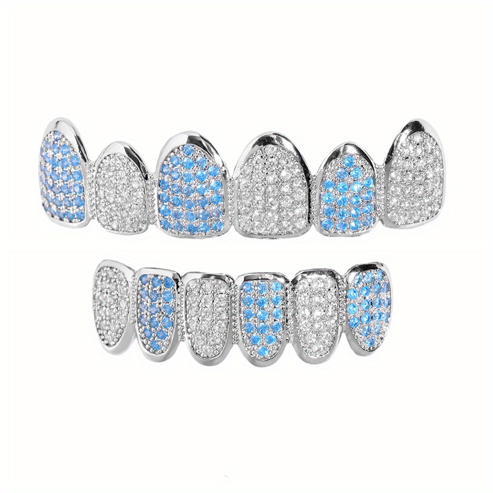 TEMU Hip-hop Ice Fully Synthetic Synthetic Synthetic Zircon​​ Blue Teeth Nail Set - Three-dimensional Micro-inlaid Top And Bottom Two-layer Hip-hop Party Jewelry