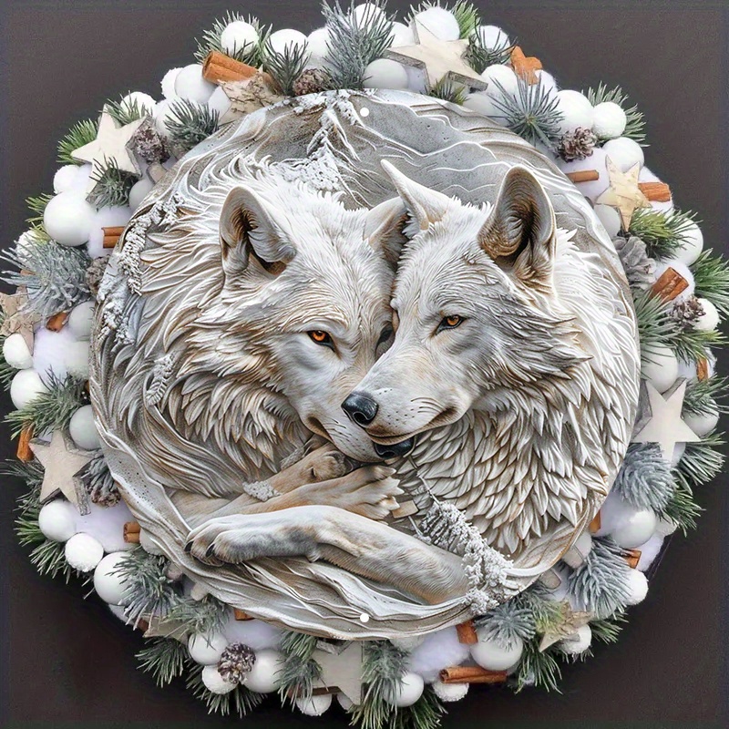

Wolf Themed Metal Wall Art - Weather Resistant Aluminum Circular Wreath Decor With Hd Printing - 8-inch Diameter - Perfect For Dormitory Or Valentine's Day Gift - Xb023