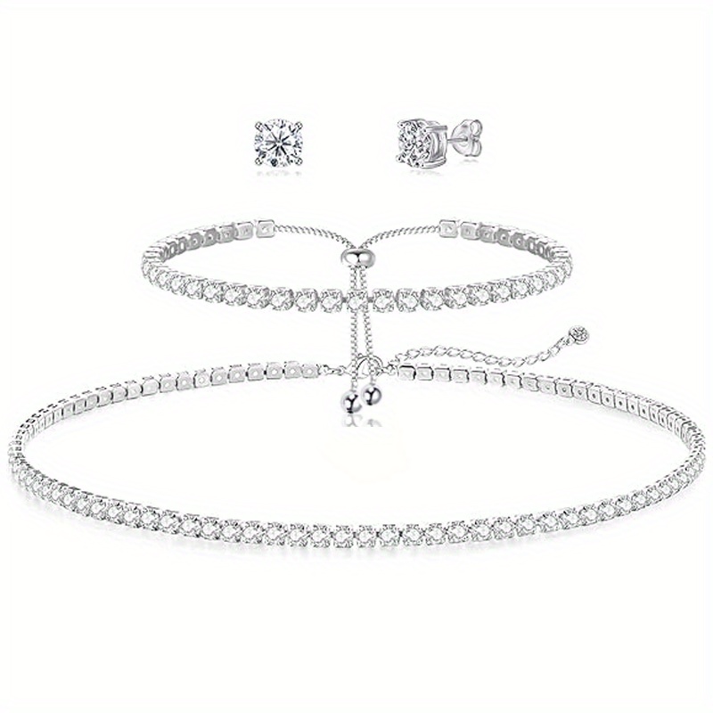 

Zirconia Inlaid Stud Earrings & Bracelet & Necklace Elegant Jewelry Set