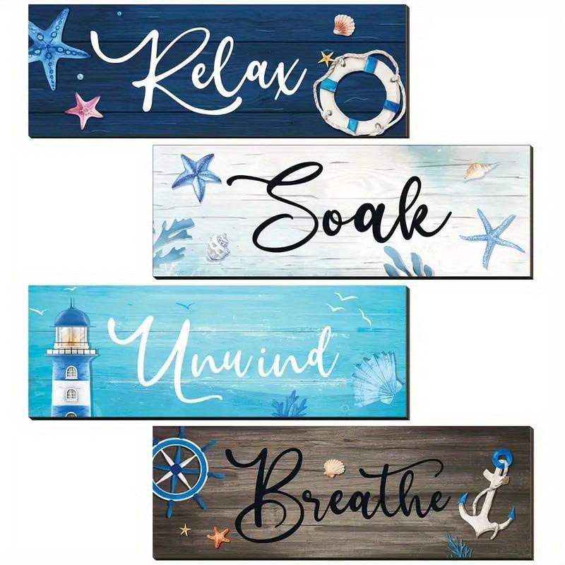 TEMU 4pcs Blue Starfish Shell Lighthouse Crew Sea Wood | 10in/25cm Home Decor, Laundry Decor, Tree Outdoor Decoration Pendant For Garden Party With