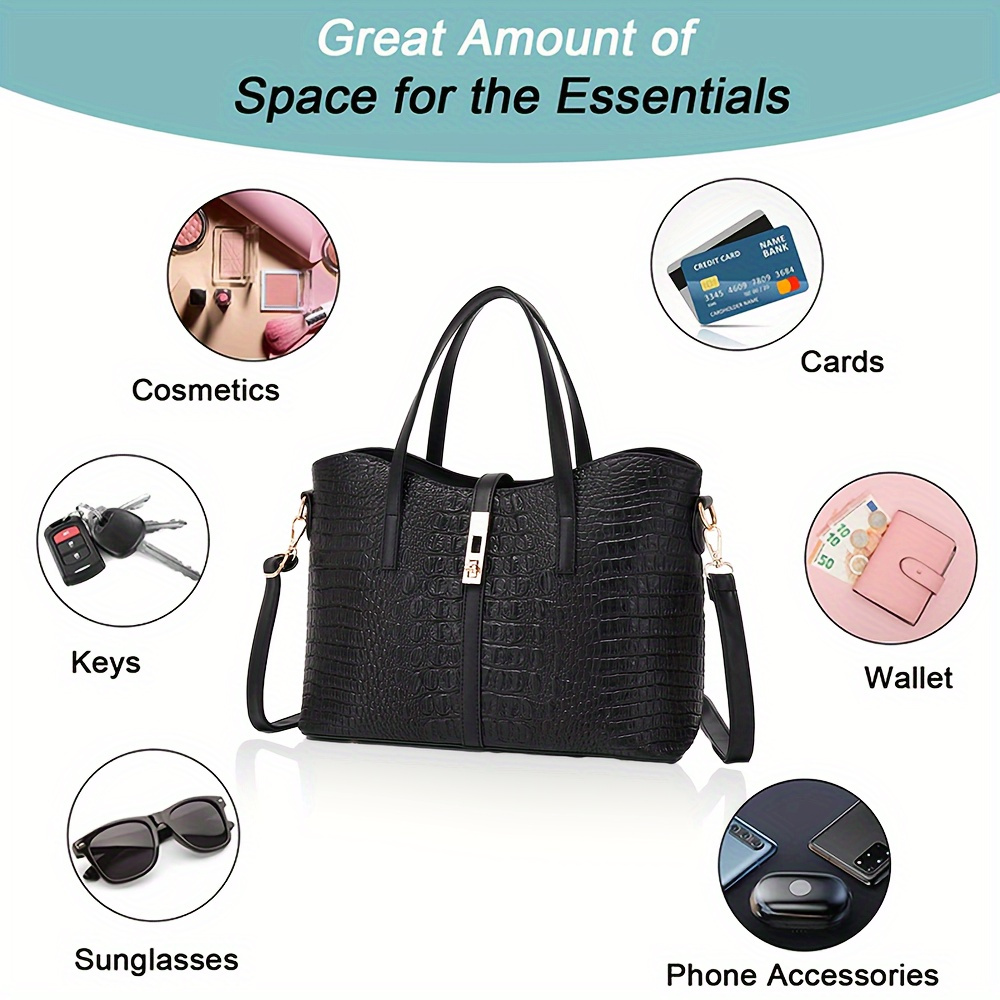 Elegant 4pc Crocodile Pattern Handbag Set For Women, Includes Tote, Crossbody, Clutch Purse, Card Holder