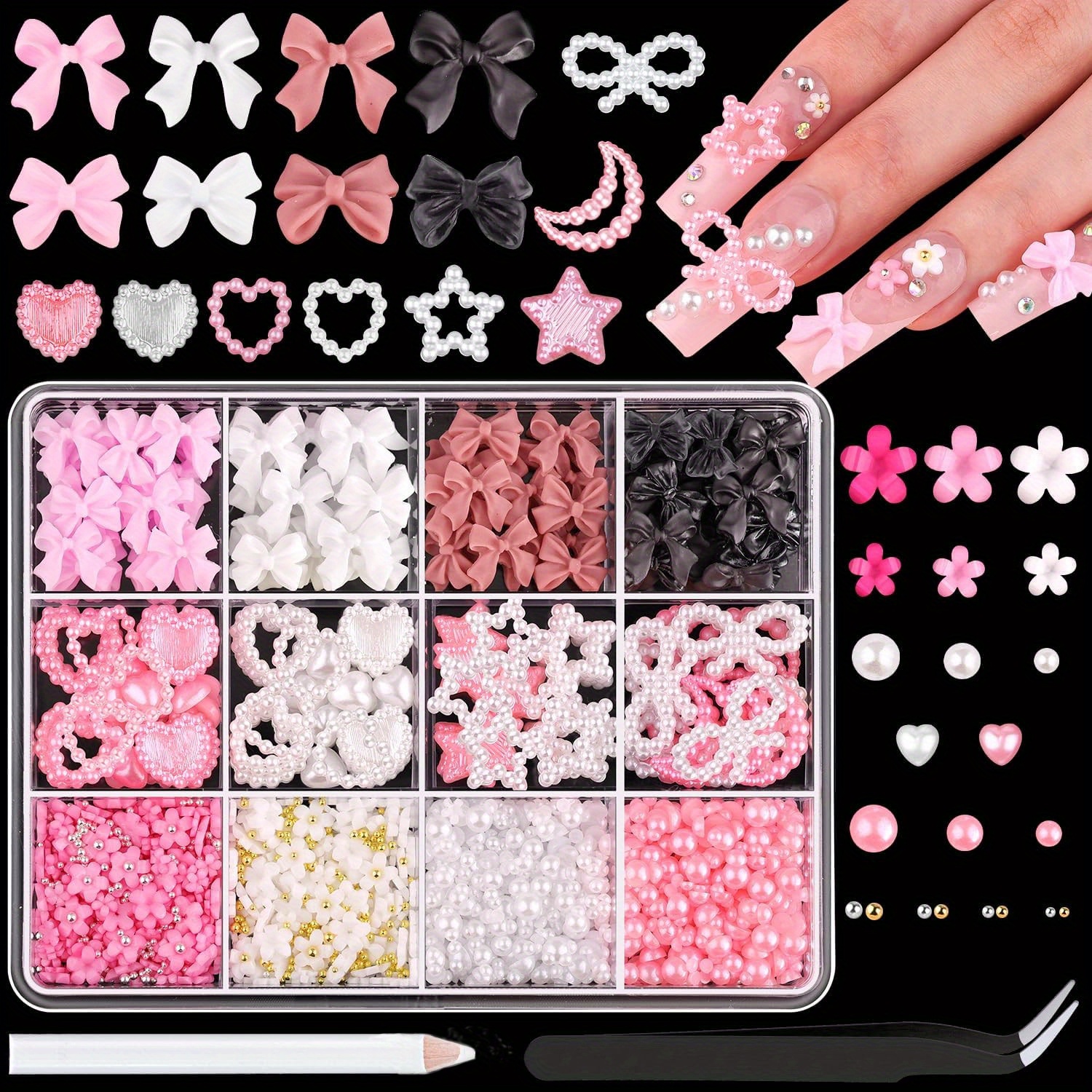 

Kawaii Nail Art Charm Set With Tools, 3d Decorations, Assorted Faux Pearl Bows, Hearts, Stars, Moons, Cute Flowers For Diy Manicure Designs, Includes Pickup Tool
