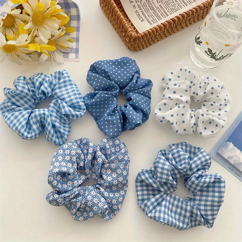 

5pcs Elegant & Simple Style Hair Ties, Sweet Floral And Polka Dot Scrunchies, French Style Hair Accessories, Large Intestine Circle Hair Bands