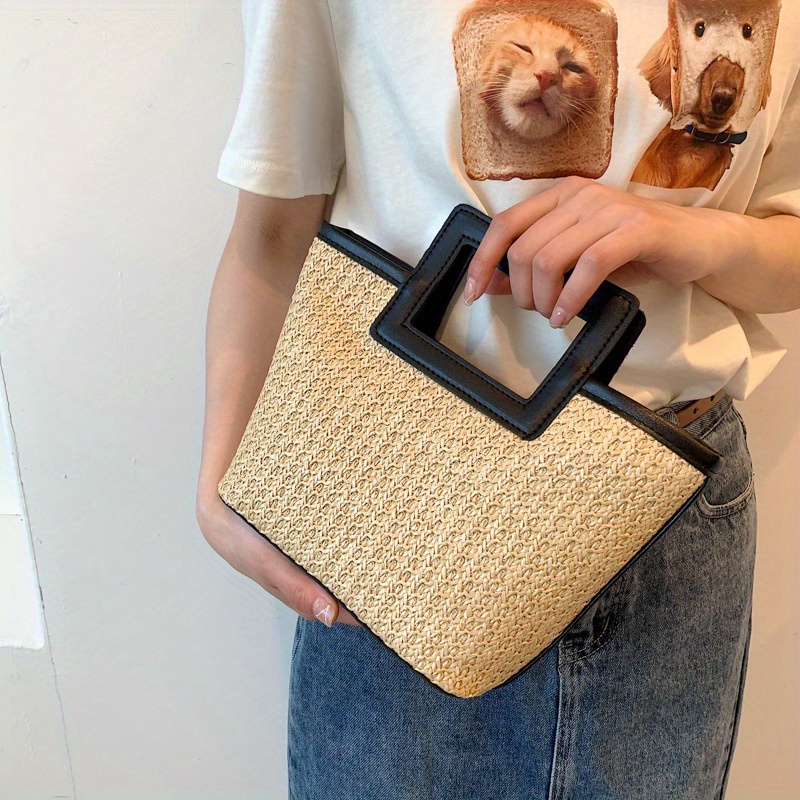 

Fashionable Tote Bag, Women's Retro Woven Handbag With Pu Handles, Vintage Chic Summer Beach Purse
