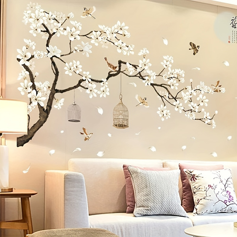 

1 Set Artistic Pvc Wall Decal, Chinese-inspired Bird & Flower Mural, Self-adhesive Wall Art Sticker For Bedroom, Entryway, Living Room, Office, Porch, Background Wall Decor, Home Decoration