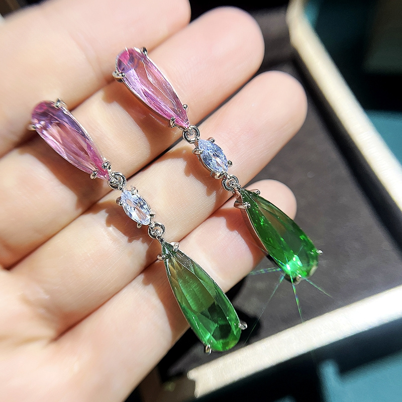E-shop Luxuriöse grüne Zirkonia-Tropfenförmige Boho-Style Ohrringe für Damen, modische Verlobungs-Ohrringe mit langem, lila Anhänger