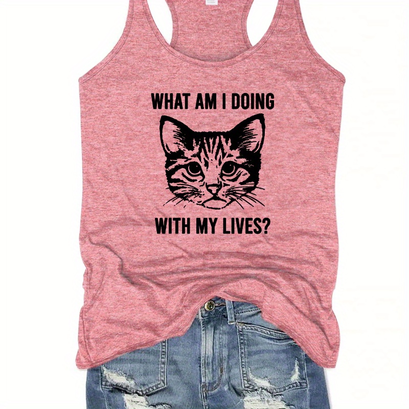 

Cat Print Tank Top, Casual Crew Neck Tank Top For Summer, Women's Clothing