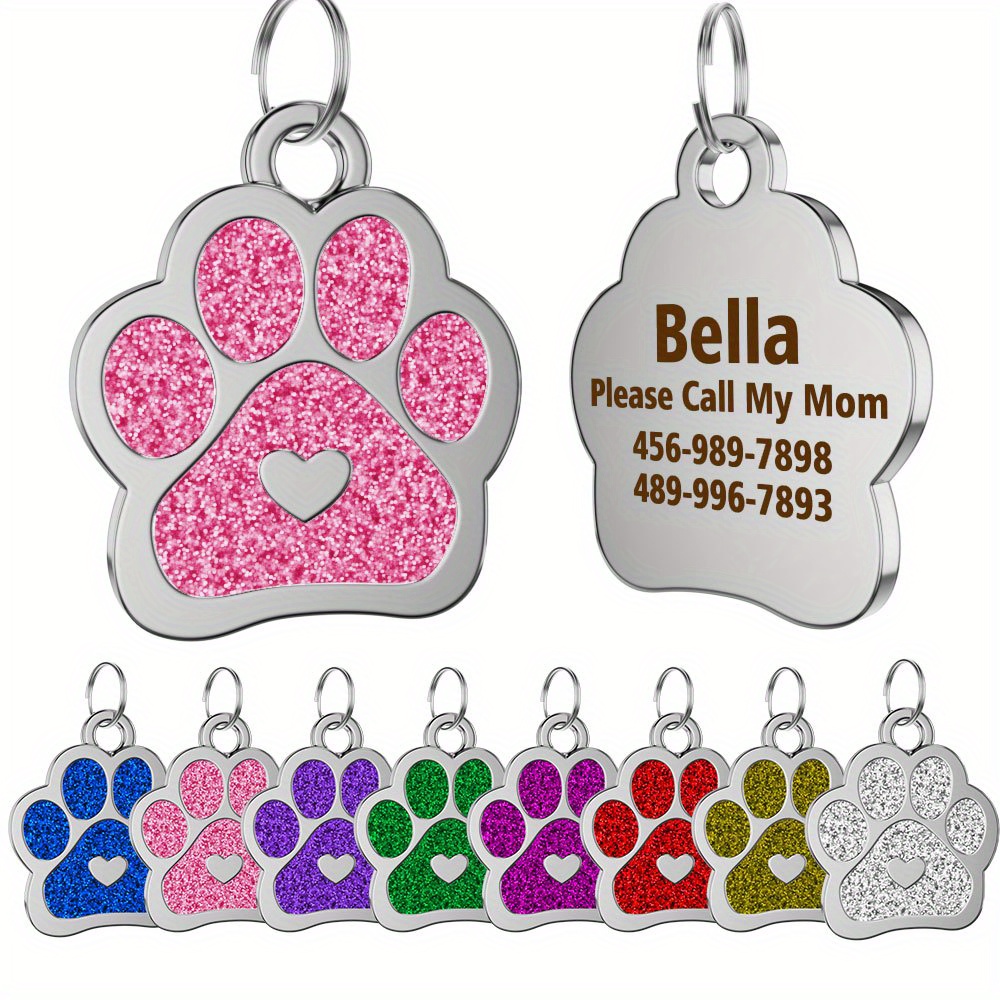 

[ Customized ] 1 Pc Engraved Pet Id Alloy Tags, Glitter Paw Print With Heart Shape Personalized Dog & Cat Name Tags, Durable, Multiple Colors, Pet Accessories For Collars, Perfect Gift For Pet Owners
