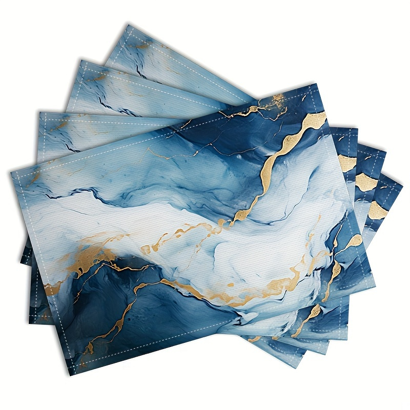 

4pcs, Table Pads, Elegant Marble Design Placemats, Polyester Light Blue & White With Golden Accents, Non-slip & Heat Resistant Table Pads For Dining & Kitchen Decor, Washable Indoor Table Mat Set