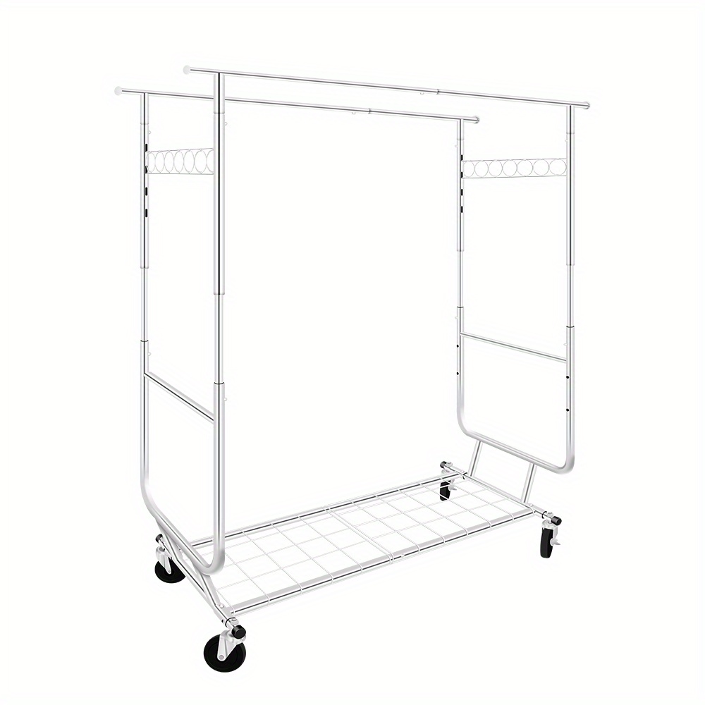 

660lbs Commercial Grade Heavy Duty Double-rail Rolling Clothes Garment Rack With Shelves And Wheels, Chrome Finish