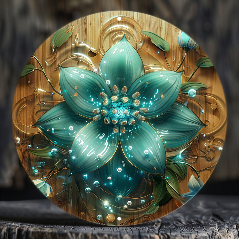 

Turquoise Flower Metal Wall Decor - 8" Round Aluminum Art Sign With White Flowers And Water Drops Design - Waterproof And Weather Resistant For Home And Outdoor Decoration