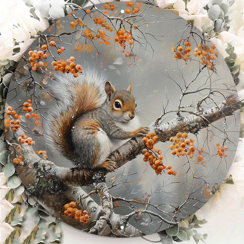 

Charming Squirrel & Orange Flowers On Birch Tree - 8x8" Round Aluminum Wall Sign | Uv & Scratch Resistant, Easy To Hang