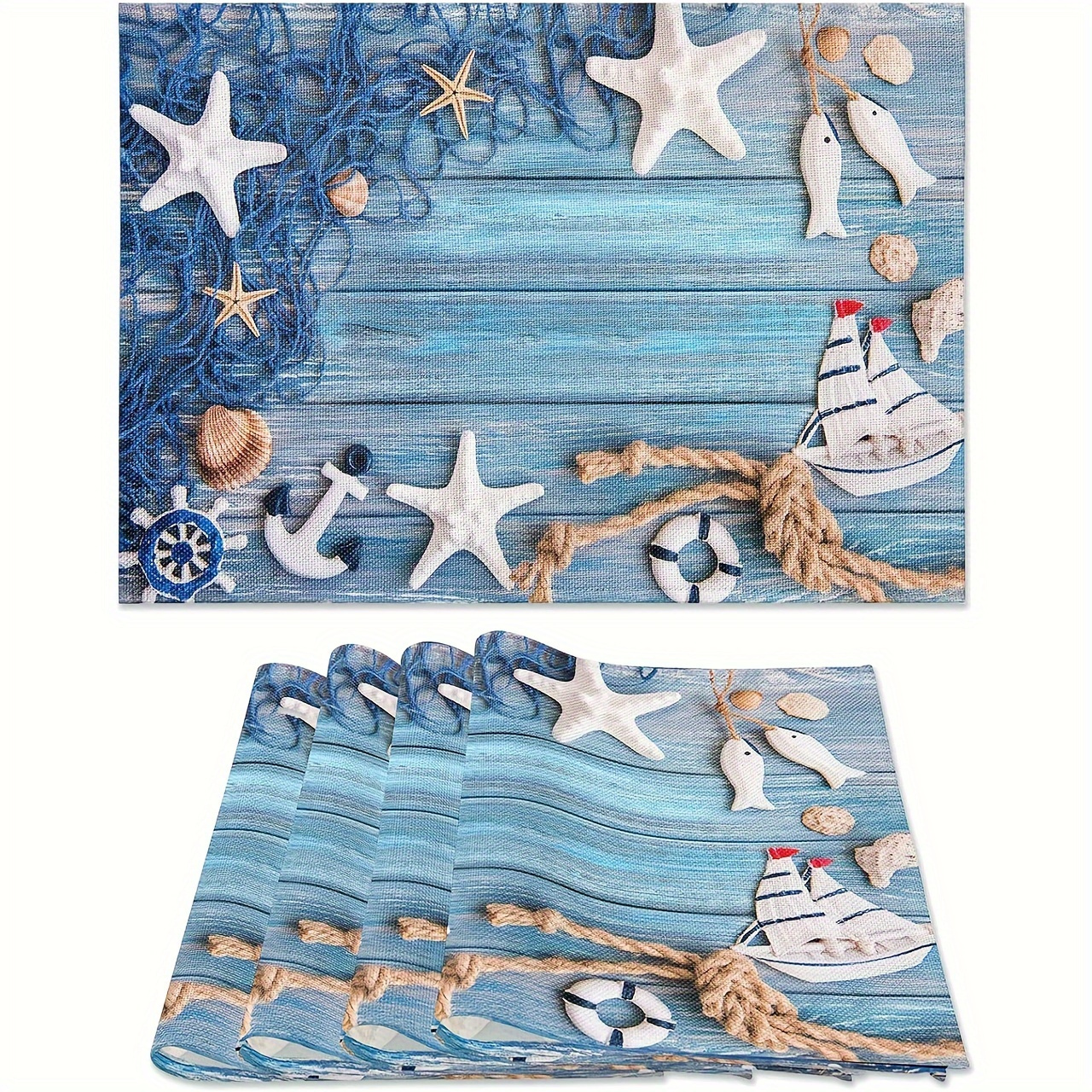 

Jit 4-pack Summer Sailing Theme Place Mats, Starfish Shell Fishing Net Design, Anti-slip Heat-resistant Washable Polyester Dining Table Mats For Coastal Home Kitchen Decor