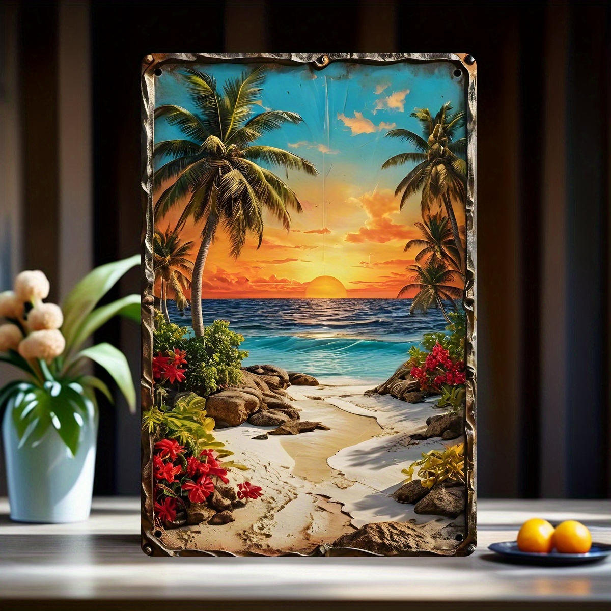 

Vintage Beach Sunset Metal Tin Sign - Coconut Tree & Ocean View, 3d Visual Effect, Perfect For Home Decor, Bars, For Man Caves, Offices, And Parties (8x12 Inches)