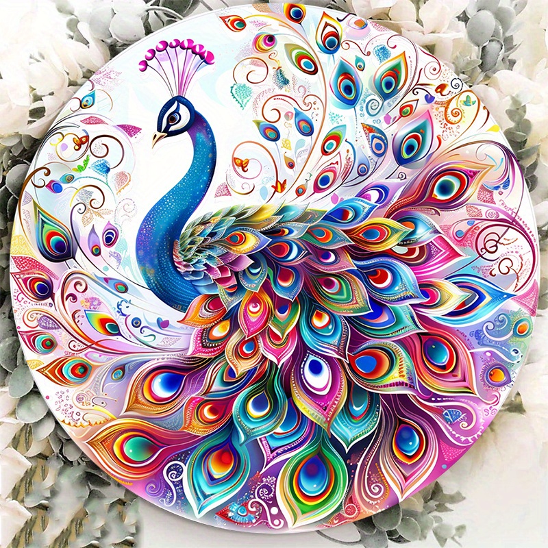 

Peacock Design Round Metal Sign 8-inch Diameter - 1pc Waterproof Aluminum Wall Decor With Pre-drilled Holes – Hd Printed Outdoor-grade Wreath Decoration For Door Hanging
