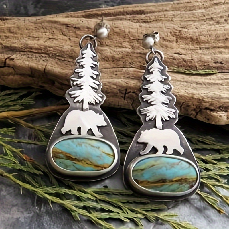 

Bohemian Vintage Christmas Turquoise Dangle Earrings - Silvery Plated Holiday Ear Ornaments