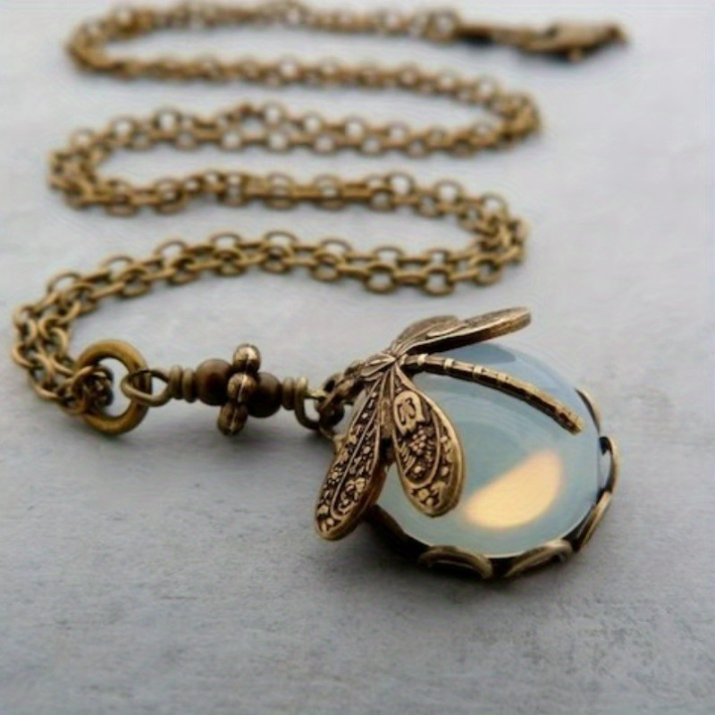 

Handmade Moon Dragonfly Necklace With White Faux Opal - Vintage Victorian Style Jewelry