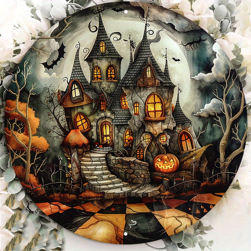 

Halloween Haunted House Aluminum Metal Sign - 8x8 Inch Round Wall Decor With Hd Printing And Waterproof, Weather-resistant Quality - Perfect For Door Hanger Or Wreath Decoration