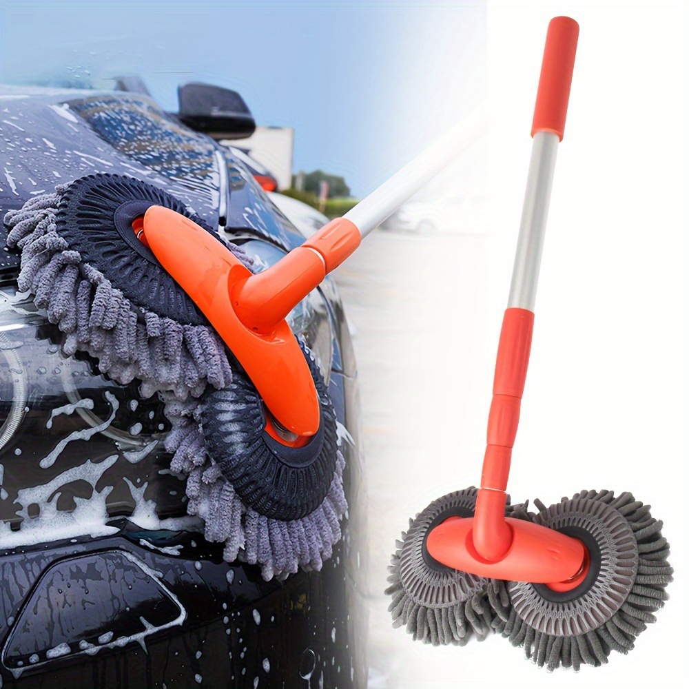 

1pc Adjustable Aluminum Car Wash Mop With Rotating Double Brush Head, 3-section Telescopic Handle, Roof & Window Cleaning Supplies For Auto Maintenance
