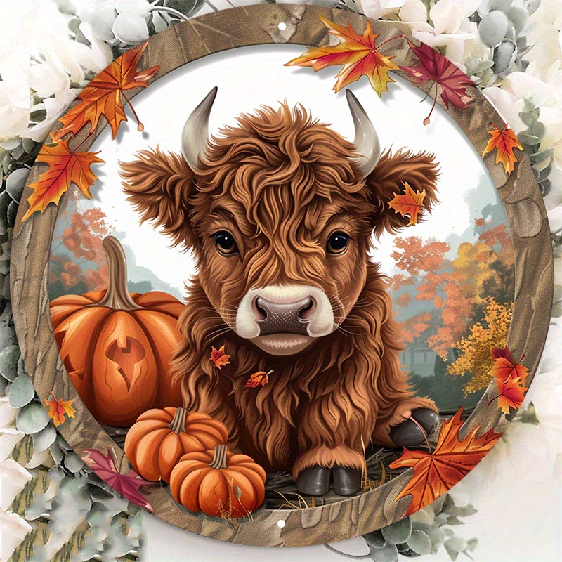 

Highland Cow Metal Sign Wall Decor, 1pc 8x8 Inch - Aluminum Farmhouse Autumn Theme Door Hanger With Pumpkins & Fall Leaves, Pre-drilled Waterproof Round Sign For Home Decoration - Lzf719