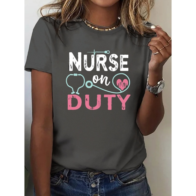 

Nurse Print Crew Neck T-shirt, Casual Short Sleeve Top For Spring & Summer, Women's Clothing