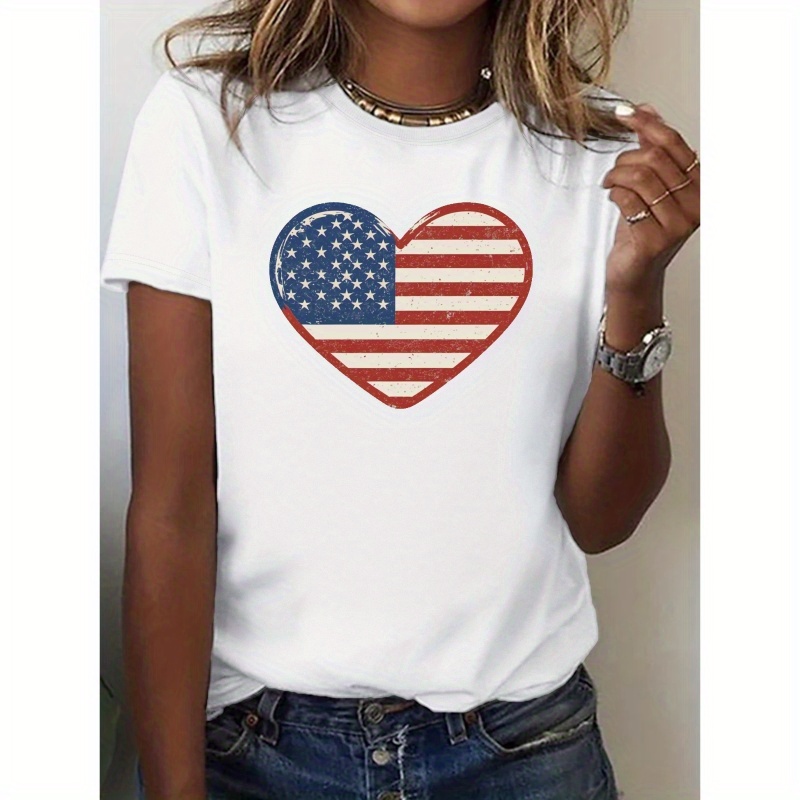 

American Flag Heart Print T-shirt, Casual Crew Neck Short Sleeve Top For Spring & Summer, Women's Clothing