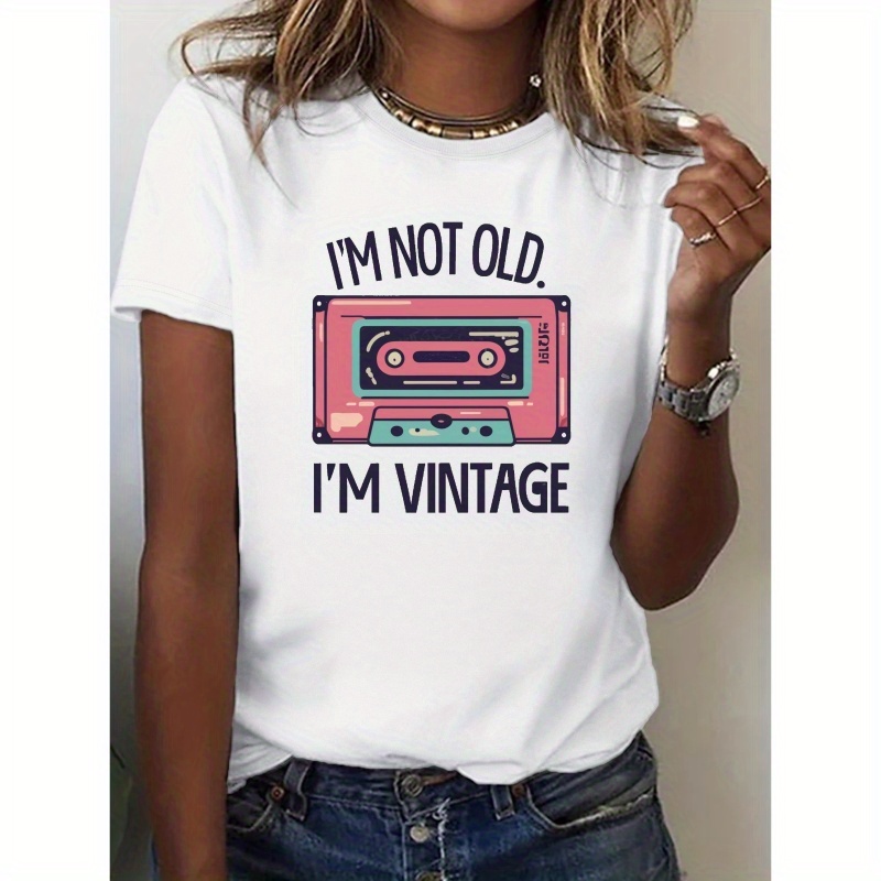 

Vintage Graphic Print Crew Neck T-shirt, Casual Short Sleeve Top For Spring & Summer, Women's Clothing