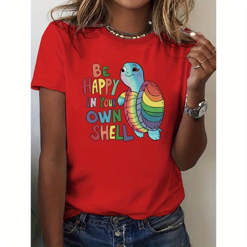 

Rainbow Turtle Print Crew Neck T-shirt, Casual Short Sleeve Top For Spring & Summer, Women's Clothing
