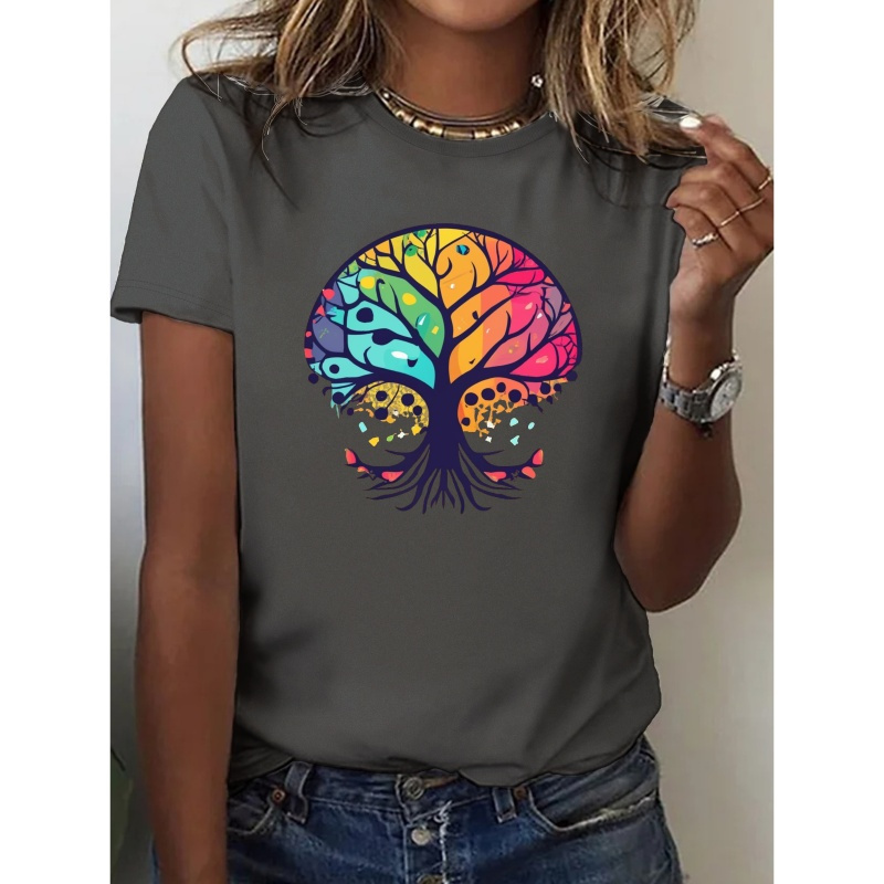 

Awareness Tree Print Crew Neck T-shirt, Casual Short Sleeve Top For Spring & Summer, Women's Clothing