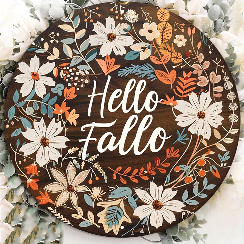 

Hello Fall Aluminum Metal Sign - 8x8 Inch Round Door Hanger Wall Decor With Floral Design - Weather Resistant Hd Print Quality Wreath Decoration Lzf747