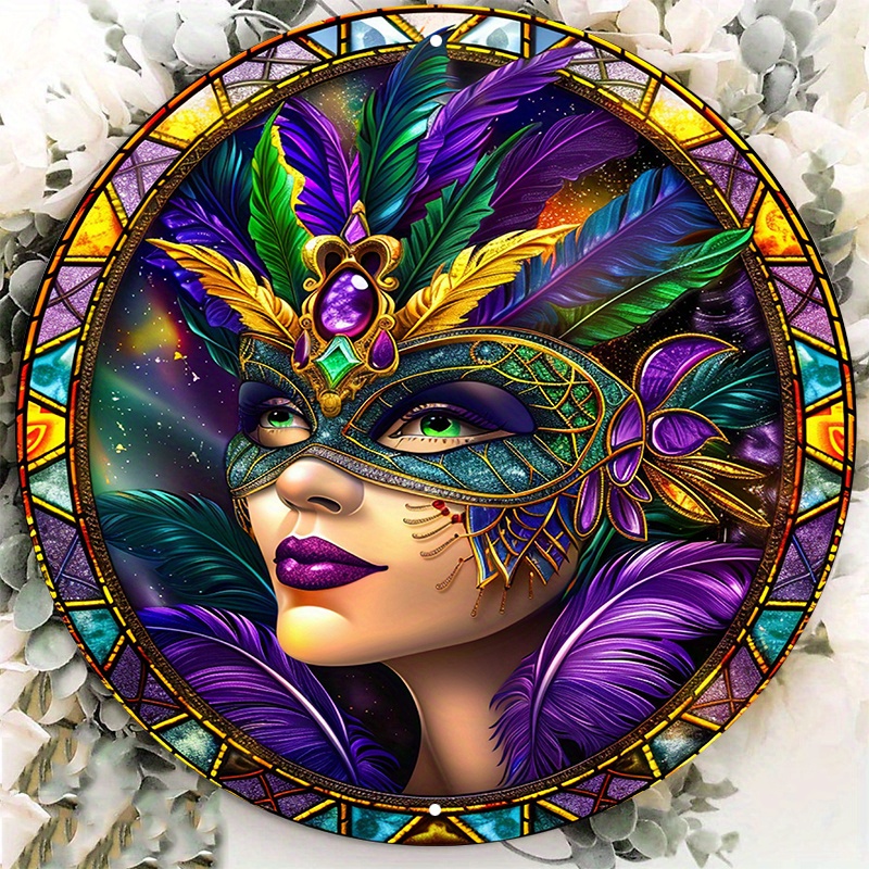 

1pc Mardi Gras Mask Stained Glass Style Aluminum Metal Sign - 8x8 Inch Round Waterproof Wall Decor With Pre-drilled Holes - Hd Printed Durable Outdoor Wreath Decoration Lzf788